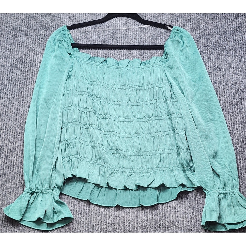 A New Day Sage Green Smocked Square Neck Ruffle Blouse Long Sleeve Large